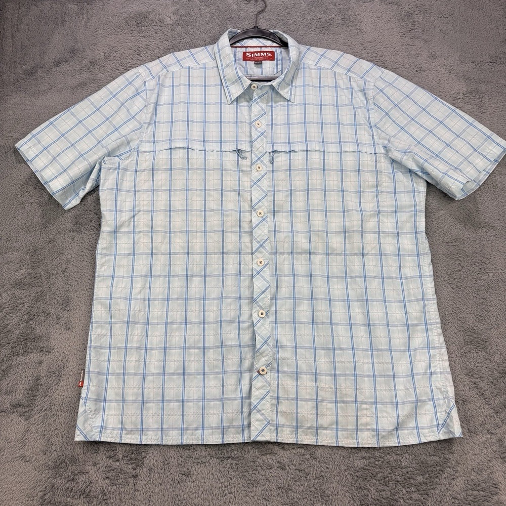 Simms Stone Cold Shirt Men 2XL Blue SS Zip Pockets Insect Shield Fishing Wicking